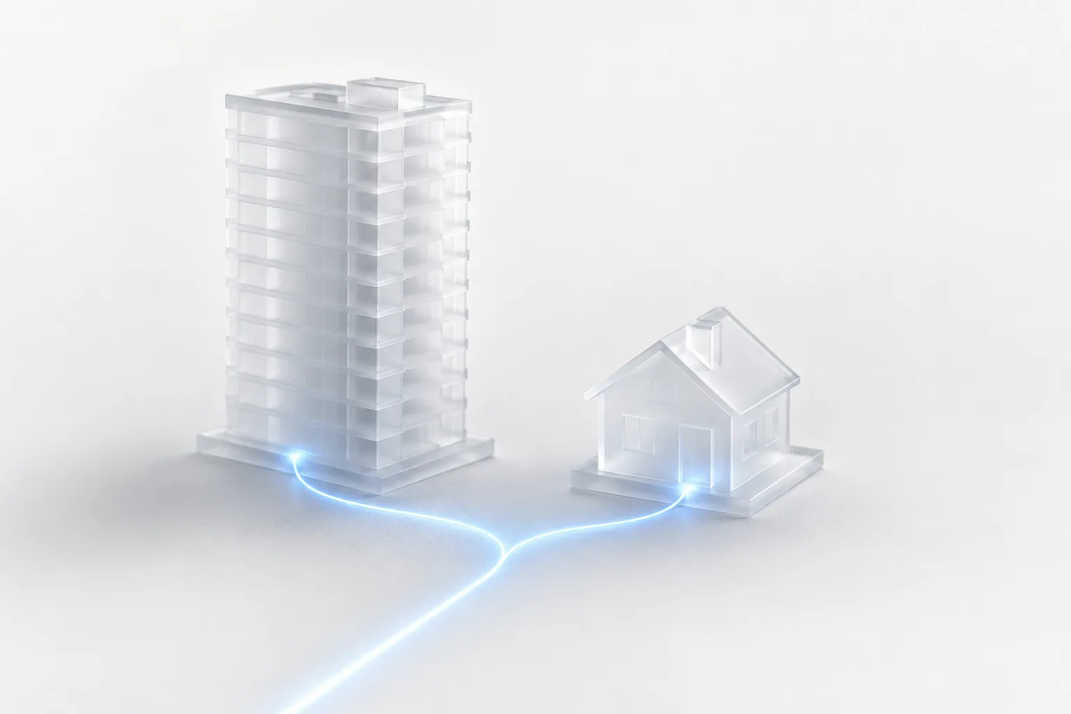 Szklany blok światłowodu i wiejski dom połączone świetlnym promieniem — internet na wsi 2026: FTTH, 5G, LTE i satelita